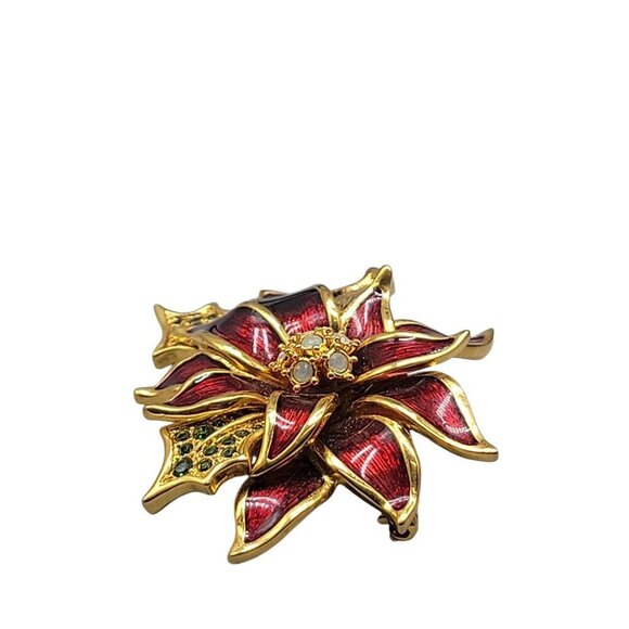 Nolan Miller Poinsettia Jewelry Set Red Enamel Gold Plated Brooch Clip On Earrin - Picture 14 of 16